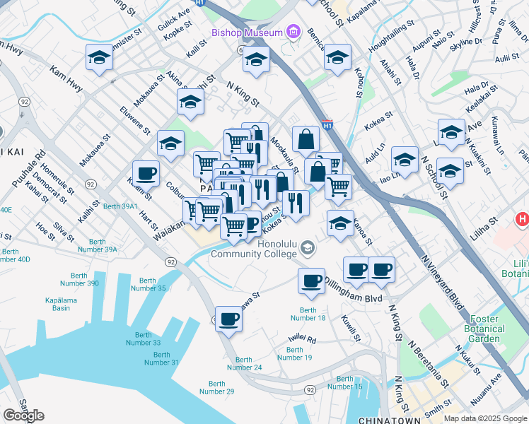 map of restaurants, bars, coffee shops, grocery stores, and more near 650 Kohou Street in Honolulu