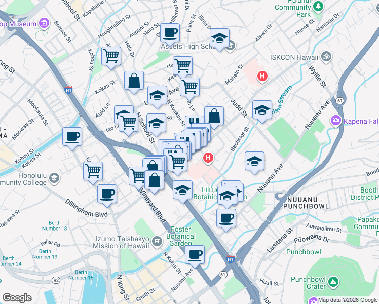 map of restaurants, bars, coffee shops, grocery stores, and more near 1728 Aipaako Street in Honolulu