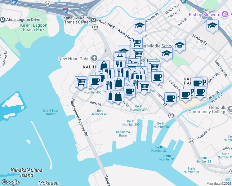 map of restaurants, bars, coffee shops, grocery stores, and more near 1906 Kahai Street in Honolulu