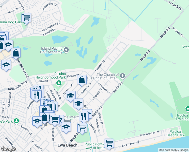 map of restaurants, bars, coffee shops, grocery stores, and more near 91-1106 Kaunolu Street in Ewa Beach
