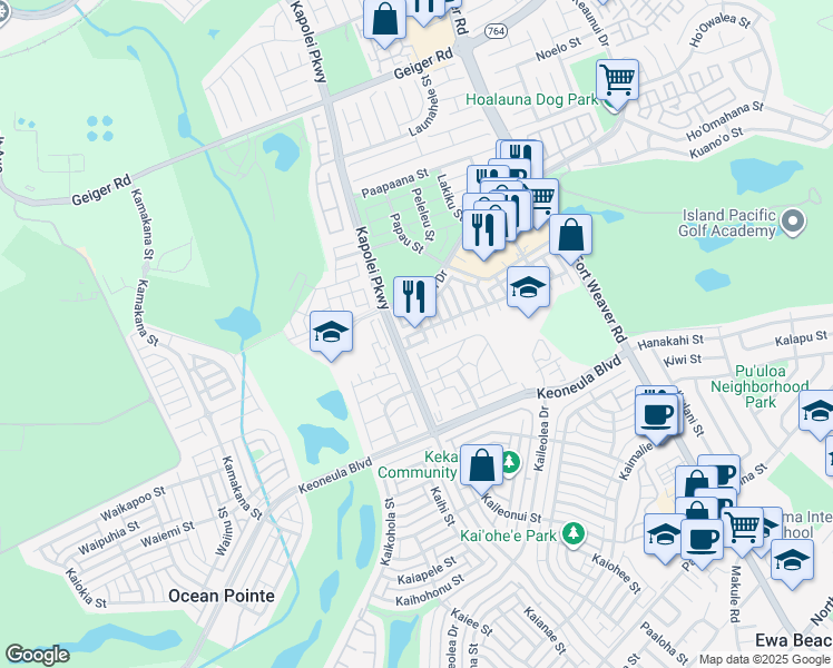 map of restaurants, bars, coffee shops, grocery stores, and more near 91-1001 Keaunui Drive in Ewa Beach