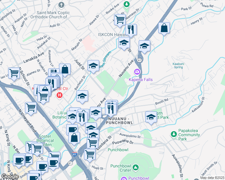 map of restaurants, bars, coffee shops, grocery stores, and more near 2248-2250 Nuuanu Avenue in Honolulu
