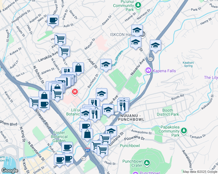 map of restaurants, bars, coffee shops, grocery stores, and more near 164 Judd Street in Honolulu