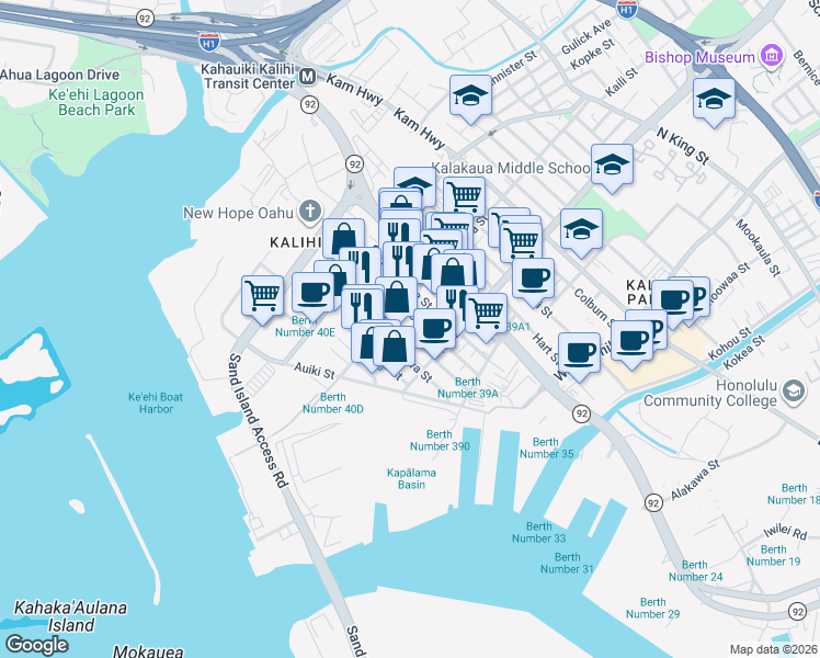 map of restaurants, bars, coffee shops, grocery stores, and more near 1906 Kahai Street in Honolulu