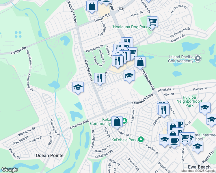 map of restaurants, bars, coffee shops, grocery stores, and more near 91-1001 Keaunui Drive in Ewa Beach