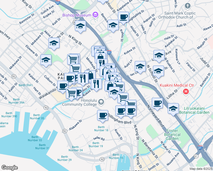 map of restaurants, bars, coffee shops, grocery stores, and more near in Honolulu