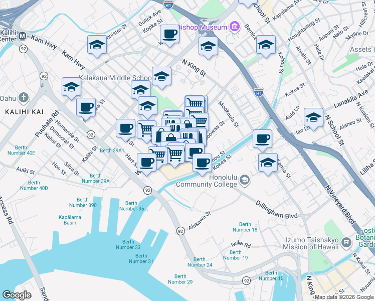 map of restaurants, bars, coffee shops, grocery stores, and more near 609 Waiakamilo Road in Honolulu