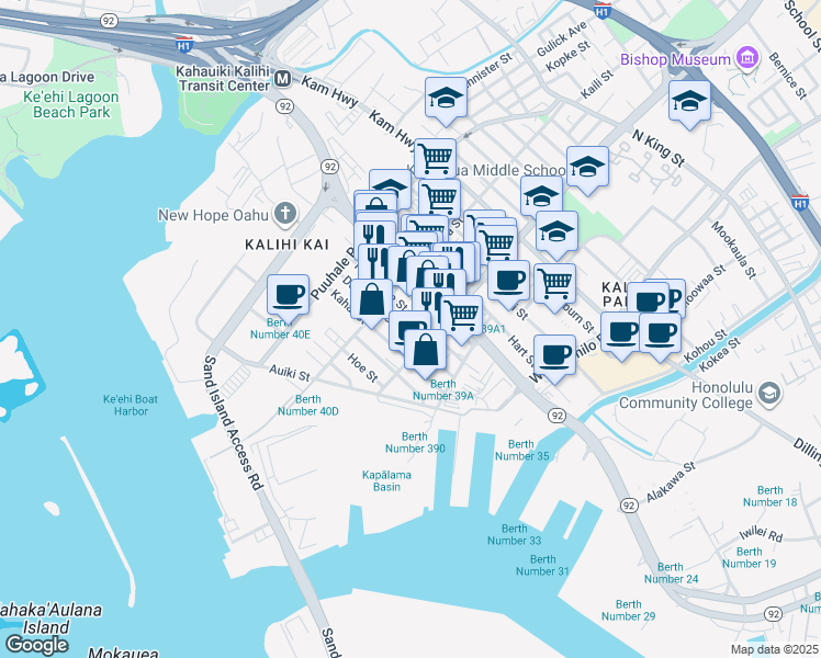map of restaurants, bars, coffee shops, grocery stores, and more near 1805 Homerule Street in Honolulu