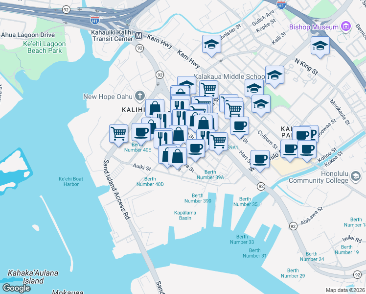 map of restaurants, bars, coffee shops, grocery stores, and more near 1906 Kahai Street in Honolulu