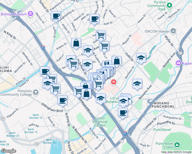 map of restaurants, bars, coffee shops, grocery stores, and more near 1642 'Ō'ō Lane in Honolulu