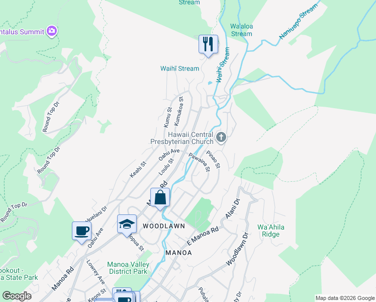 map of restaurants, bars, coffee shops, grocery stores, and more near 3493 Manoa Road in Honolulu