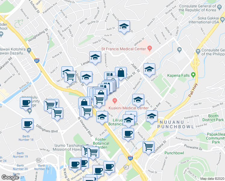map of restaurants, bars, coffee shops, grocery stores, and more near in Honolulu