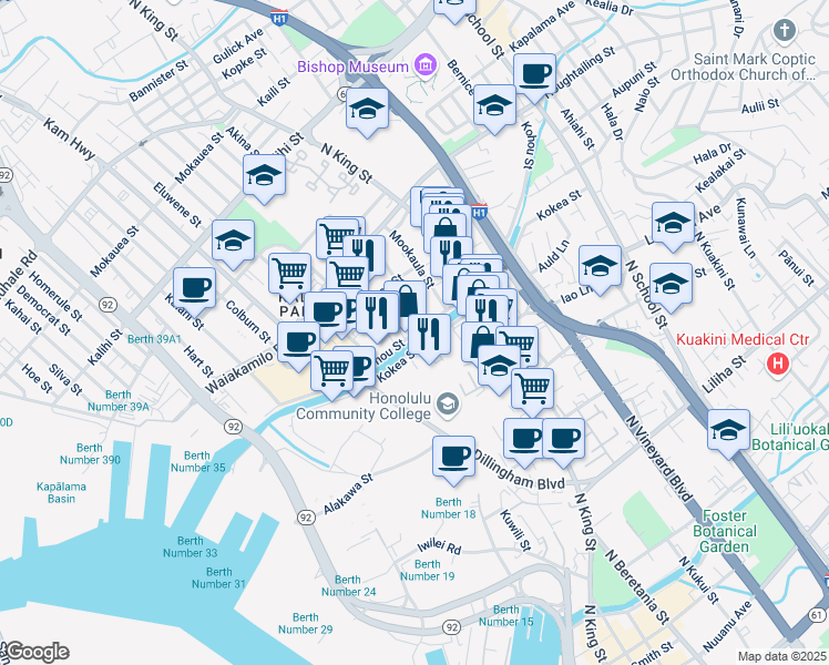 map of restaurants, bars, coffee shops, grocery stores, and more near 746 Kohou Street in Honolulu