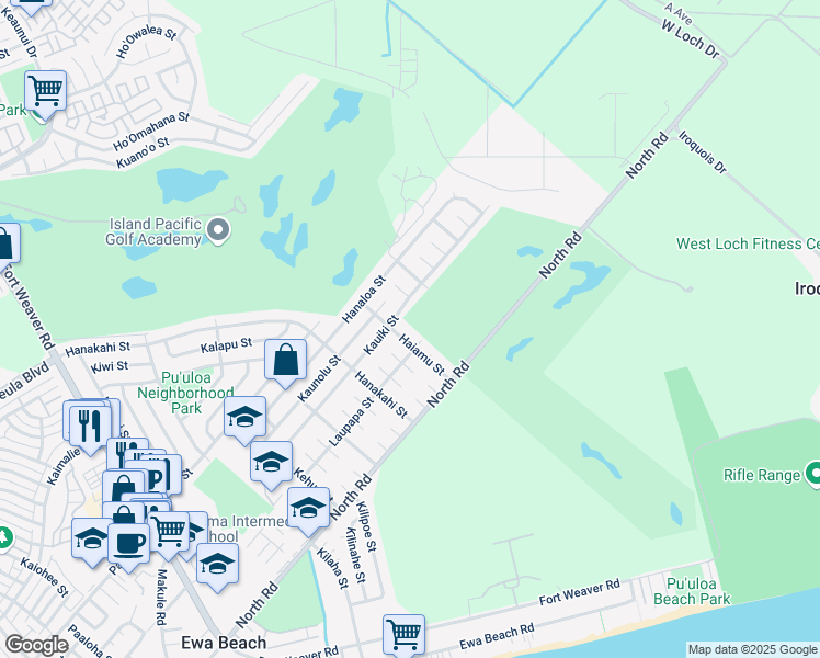 map of restaurants, bars, coffee shops, grocery stores, and more near 91-1145 Haiano Place in Ewa Beach