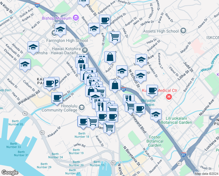 map of restaurants, bars, coffee shops, grocery stores, and more near 828 Lakimela Lane in Honolulu