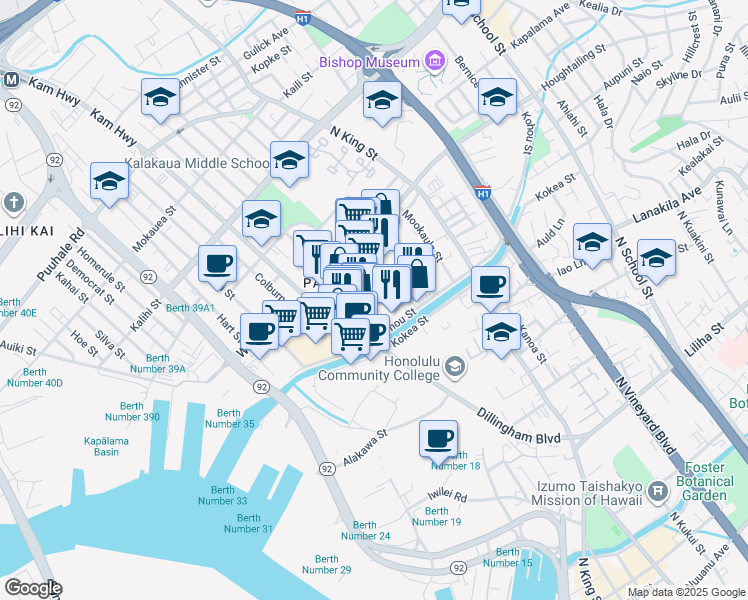 map of restaurants, bars, coffee shops, grocery stores, and more near 1244 Kaumualii Street in Honolulu