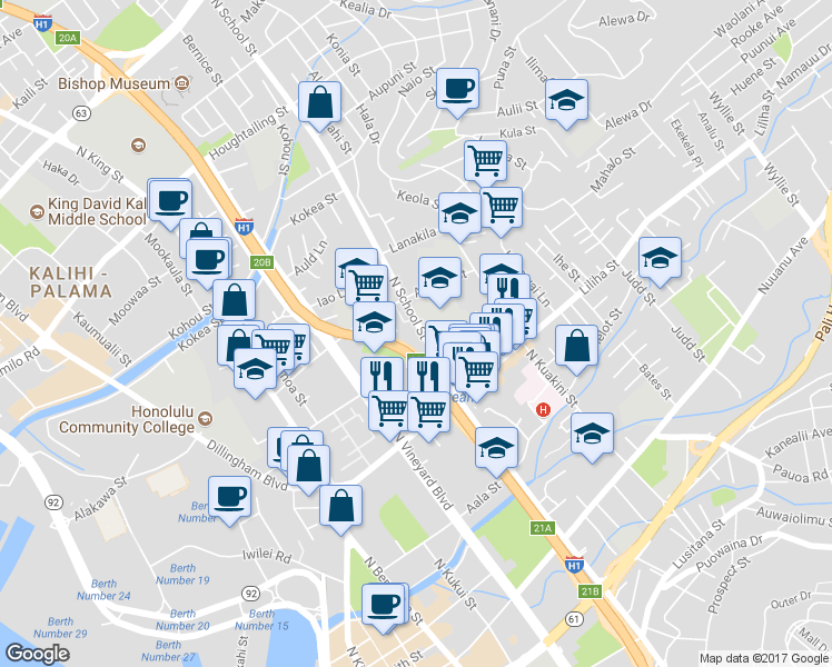 map of restaurants, bars, coffee shops, grocery stores, and more near 709 North School Street in Honolulu