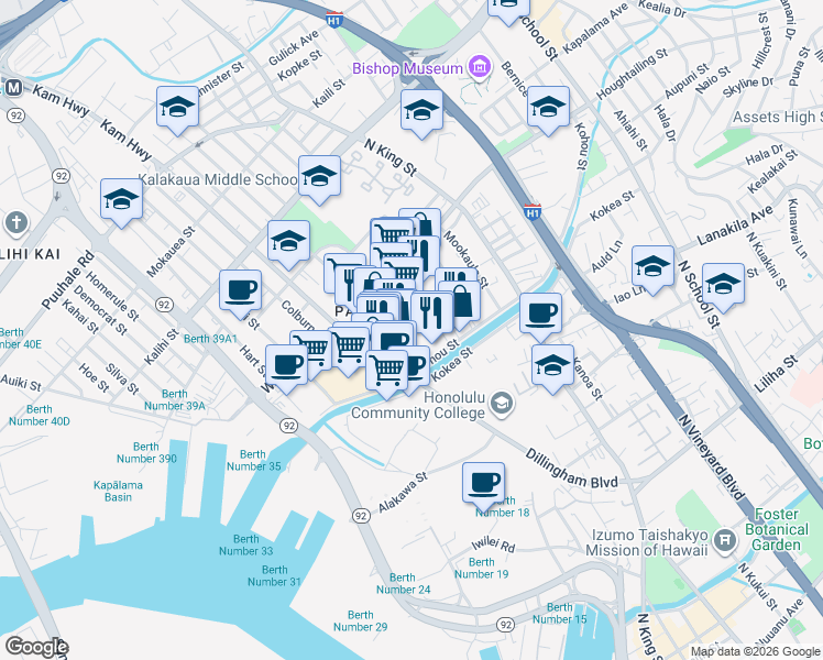 map of restaurants, bars, coffee shops, grocery stores, and more near 1244 Kaumualii Street in Honolulu