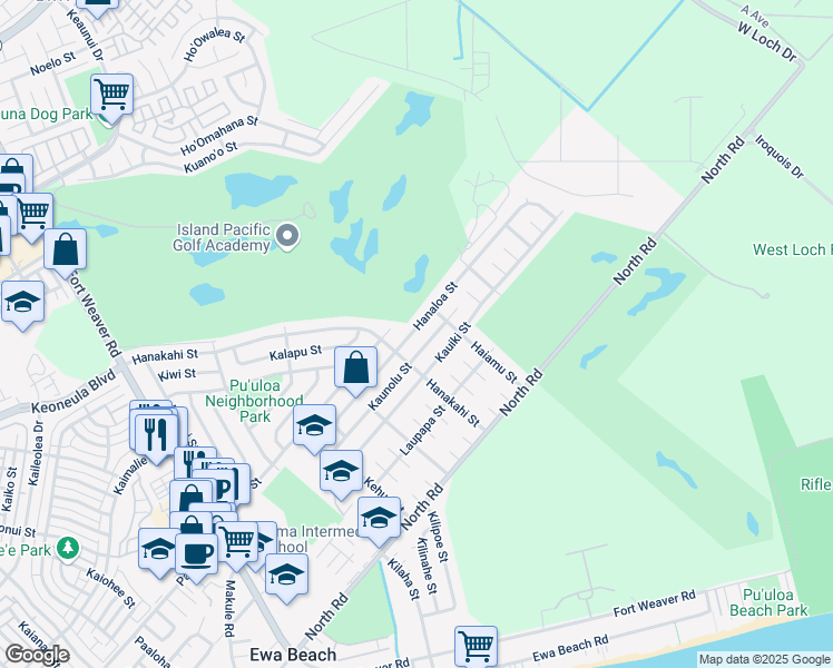 map of restaurants, bars, coffee shops, grocery stores, and more near 91-1117 Hanaloa Street in Ewa Beach