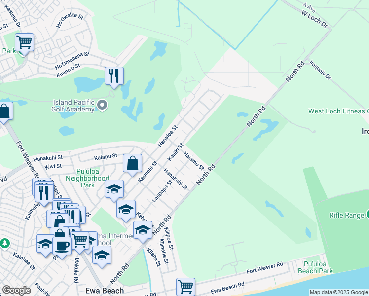map of restaurants, bars, coffee shops, grocery stores, and more near 91-1145 Haiano Place in Ewa Beach