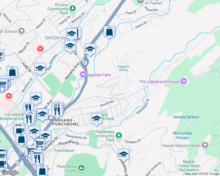 map of restaurants, bars, coffee shops, grocery stores, and more near 2578 Pacific Heights Road in Honolulu