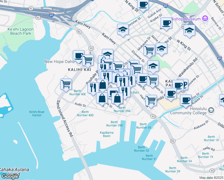map of restaurants, bars, coffee shops, grocery stores, and more near 1805 Homerule Street in Honolulu