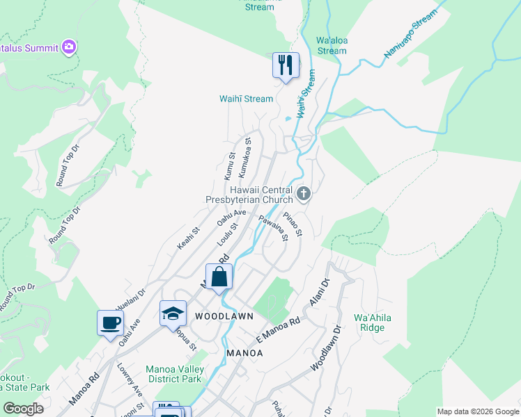 map of restaurants, bars, coffee shops, grocery stores, and more near 3493 Manoa Road in Honolulu