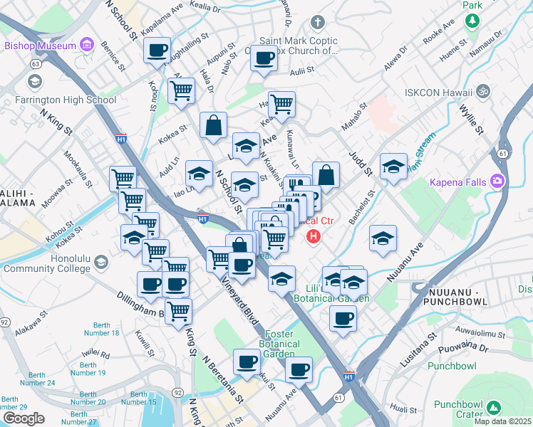map of restaurants, bars, coffee shops, grocery stores, and more near 1640 'Ō'ō Lane in Honolulu