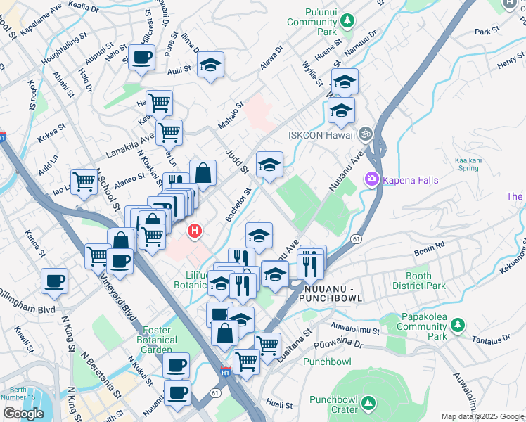 map of restaurants, bars, coffee shops, grocery stores, and more near 321 Kawaena Place in Honolulu