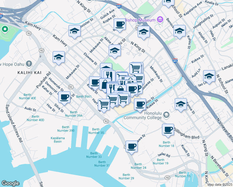 map of restaurants, bars, coffee shops, grocery stores, and more near 1427 Dillingham Boulevard in Honolulu