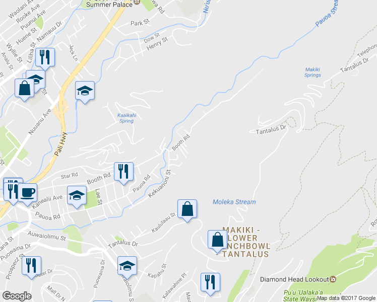 map of restaurants, bars, coffee shops, grocery stores, and more near 2751C Booth Road in Honolulu