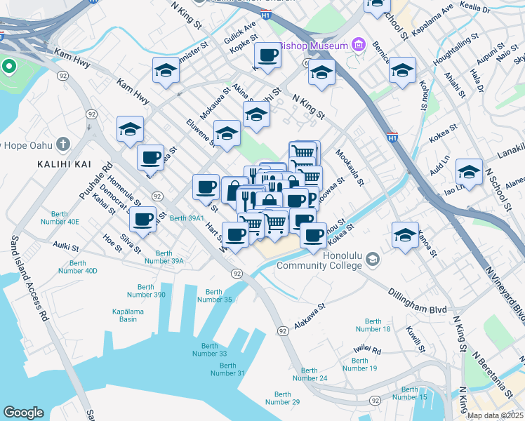 map of restaurants, bars, coffee shops, grocery stores, and more near 1427 Dillingham Boulevard in Honolulu