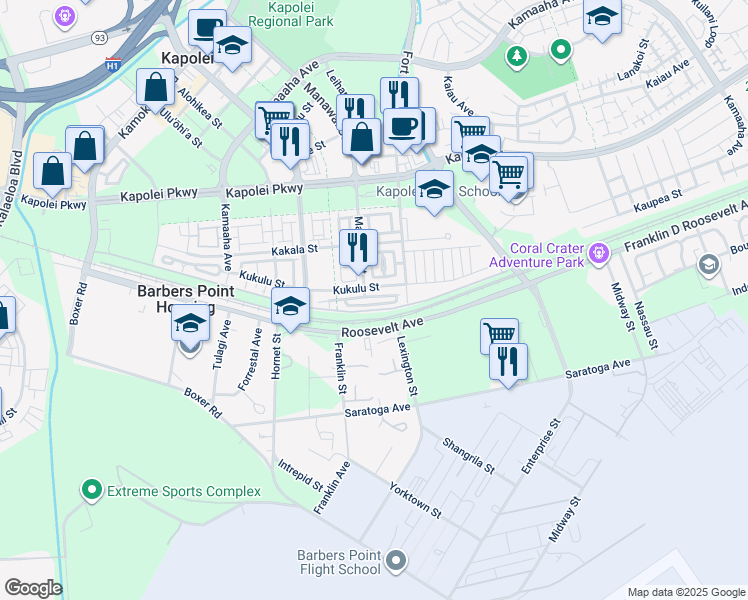 map of restaurants, bars, coffee shops, grocery stores, and more near 1101 Kukulu Street in Kapolei