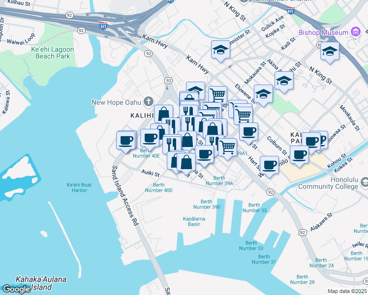 map of restaurants, bars, coffee shops, grocery stores, and more near 1906 Kahai Street in Honolulu