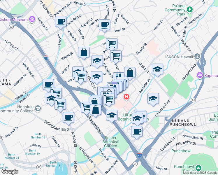 map of restaurants, bars, coffee shops, grocery stores, and more near 1640 'Ō'ō Lane in Honolulu