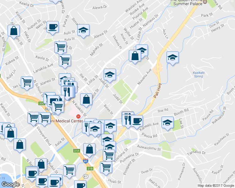map of restaurants, bars, coffee shops, grocery stores, and more near 164 Judd Street in Honolulu