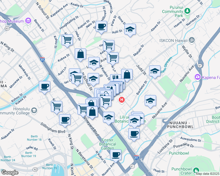 map of restaurants, bars, coffee shops, grocery stores, and more near 1728 Aipaako Street in Honolulu