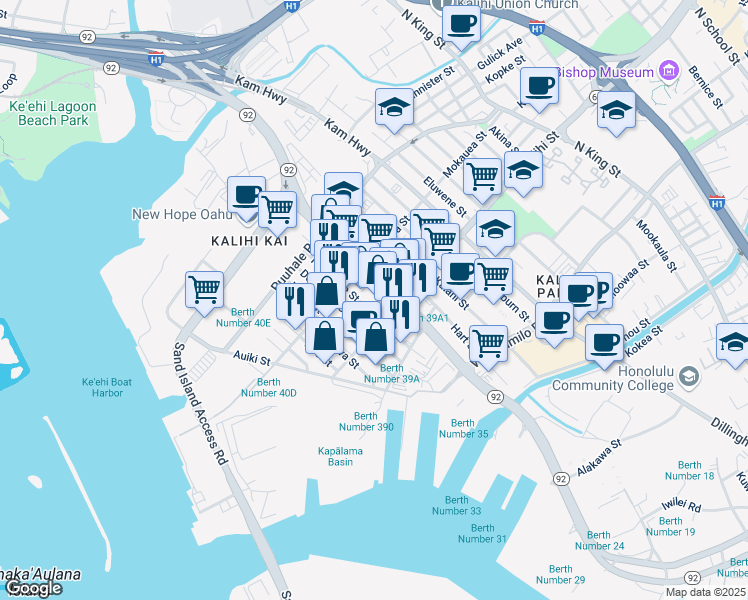 map of restaurants, bars, coffee shops, grocery stores, and more near 1727 Republican Street in Honolulu