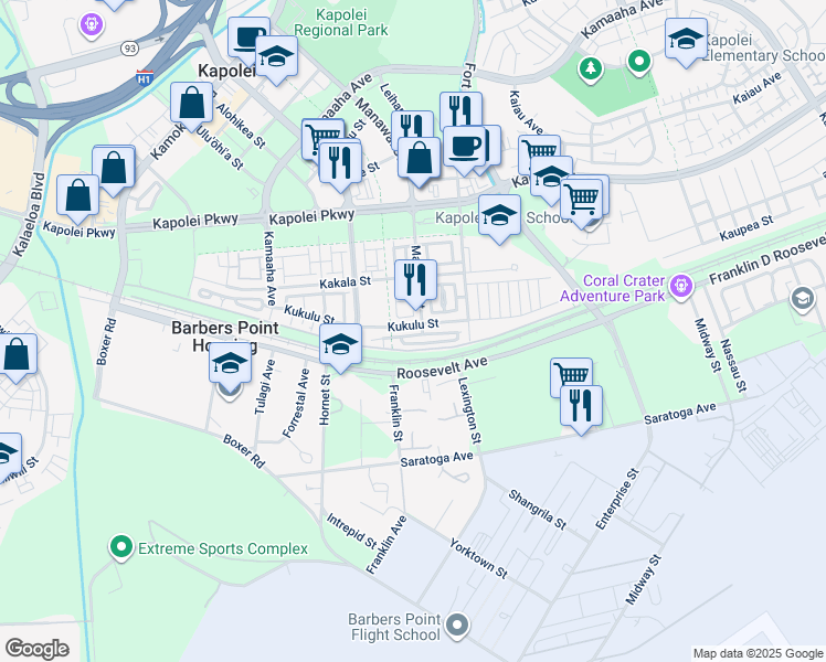 map of restaurants, bars, coffee shops, grocery stores, and more near 724 Kakala Street in Kapolei