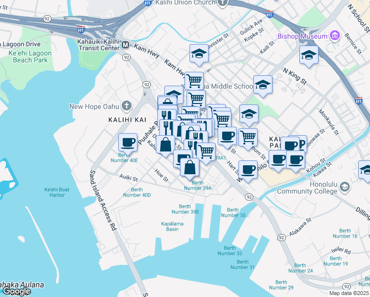 map of restaurants, bars, coffee shops, grocery stores, and more near 1805 Homerule Street in Honolulu