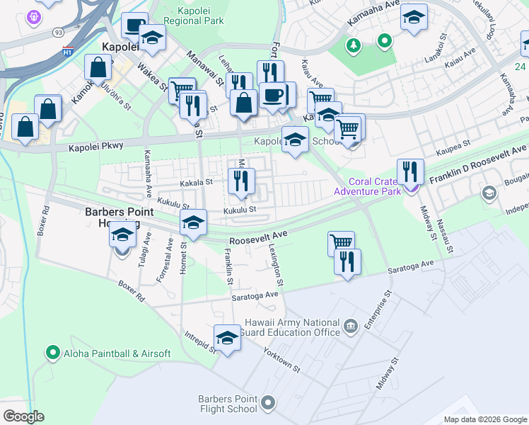 map of restaurants, bars, coffee shops, grocery stores, and more near 458 Manawai Street in Kapolei
