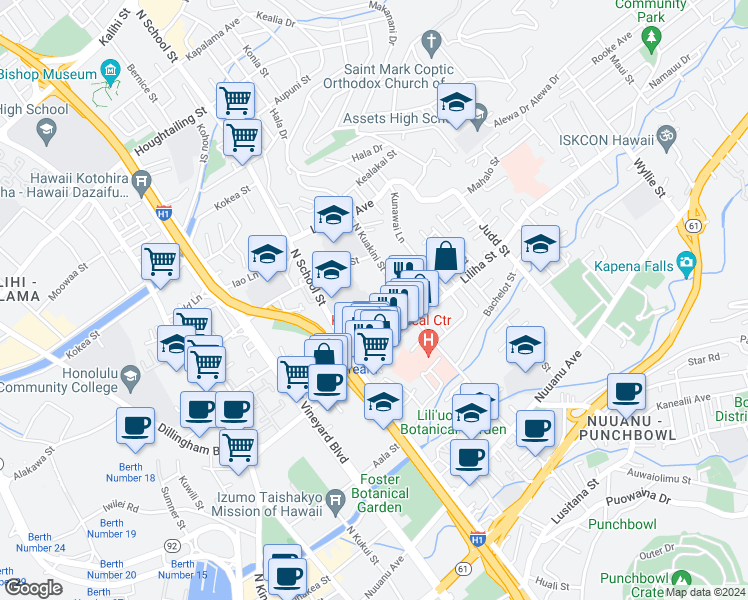 map of restaurants, bars, coffee shops, grocery stores, and more near 1640 'Ō'ō Lane in Honolulu