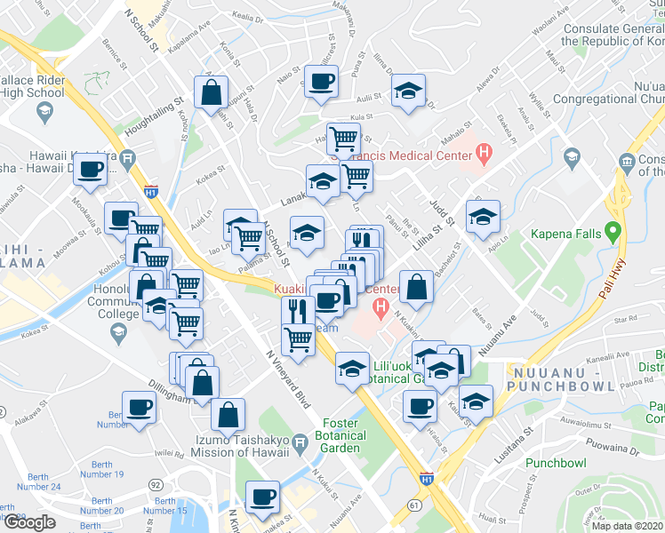map of restaurants, bars, coffee shops, grocery stores, and more near 1640 'Ō'ō Lane in Honolulu