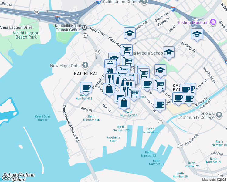 map of restaurants, bars, coffee shops, grocery stores, and more near 1805 Homerule Street in Honolulu