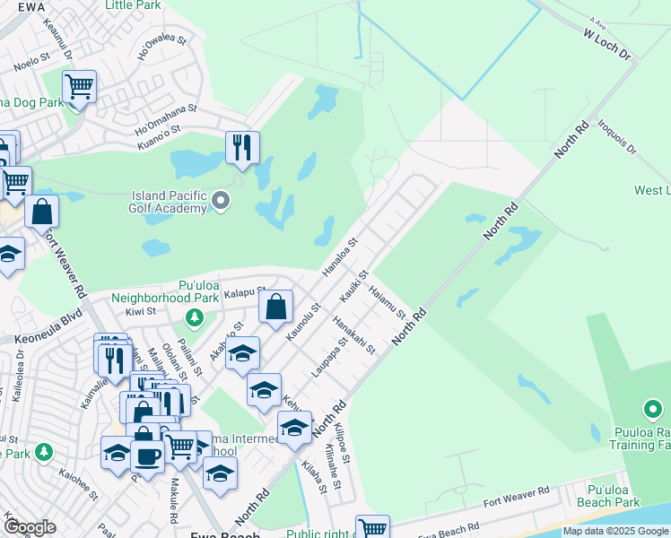 map of restaurants, bars, coffee shops, grocery stores, and more near 91-1117 Hanaloa Street in Ewa Beach