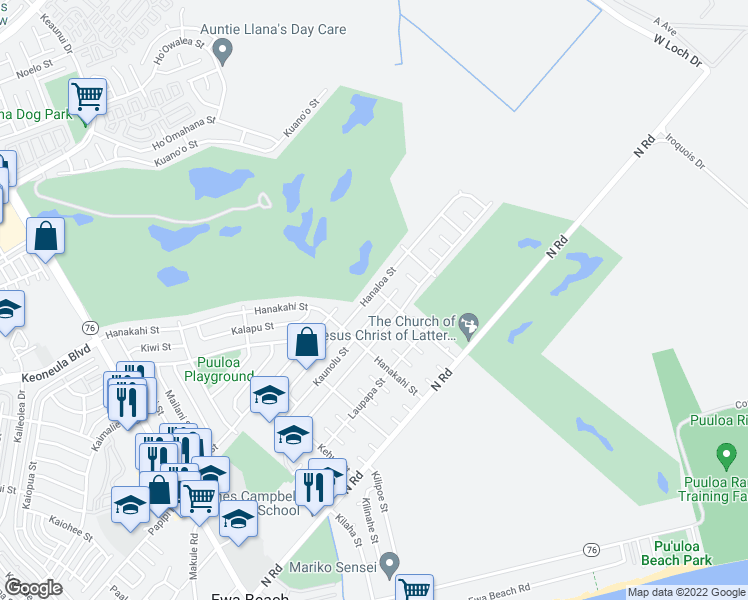 map of restaurants, bars, coffee shops, grocery stores, and more near 91-1117 Hanaloa Street in Ewa Beach
