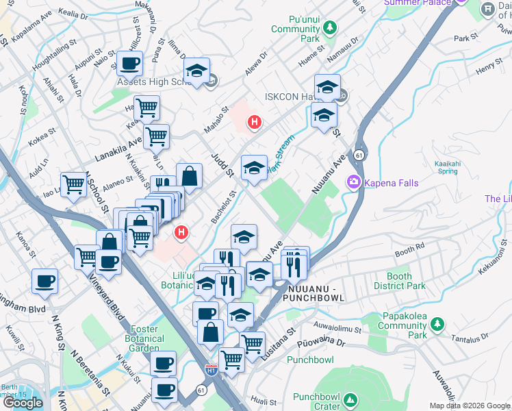 map of restaurants, bars, coffee shops, grocery stores, and more near 321 Judd Street in Honolulu