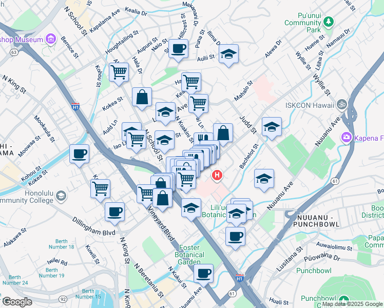 map of restaurants, bars, coffee shops, grocery stores, and more near 1728 Aipaako Street in Honolulu