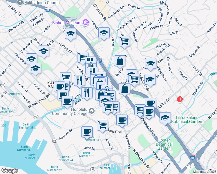 map of restaurants, bars, coffee shops, grocery stores, and more near 1103 Auld Lane in Honolulu
