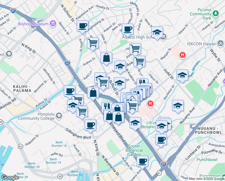 map of restaurants, bars, coffee shops, grocery stores, and more near 709 North School Street in Honolulu